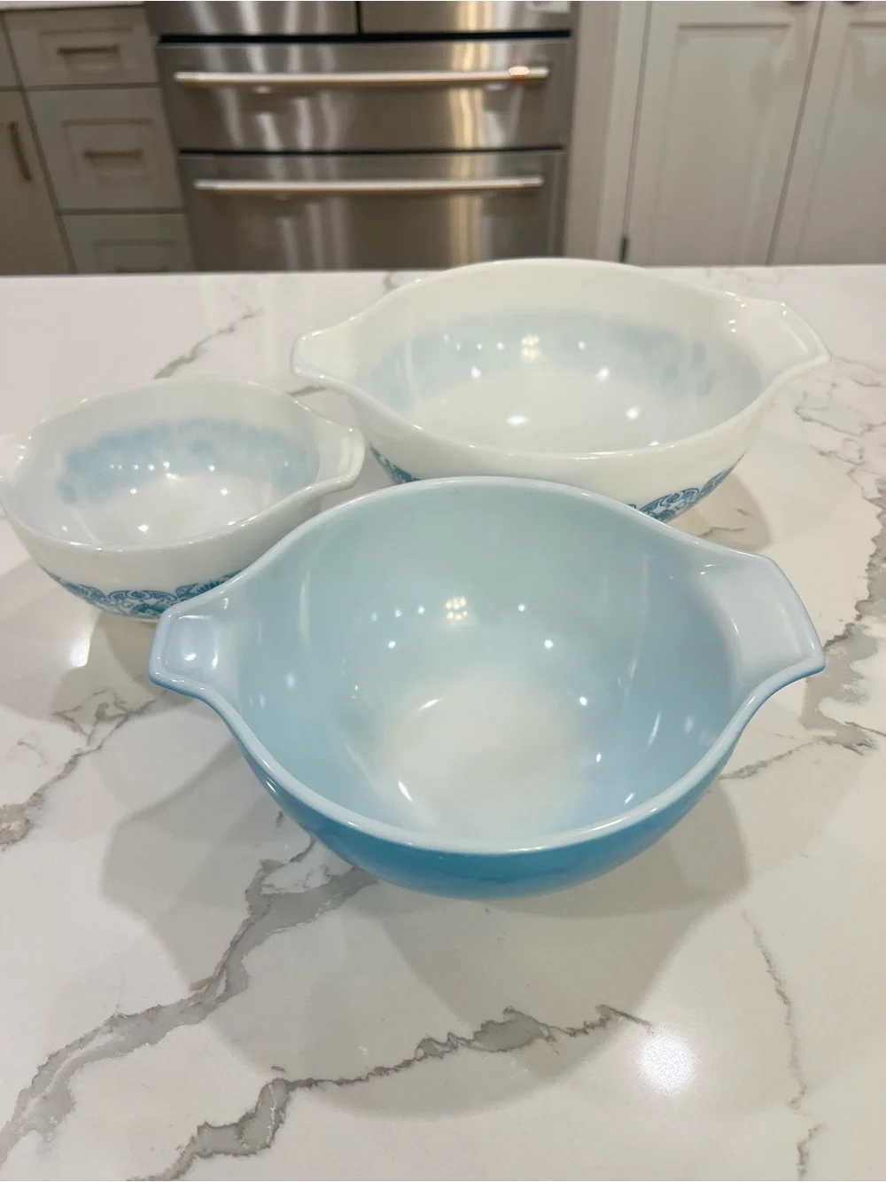 Set of 3 PYREX Horizon Blue Cinderella Mixing Bowls 441 442 443 Apollo 11 set